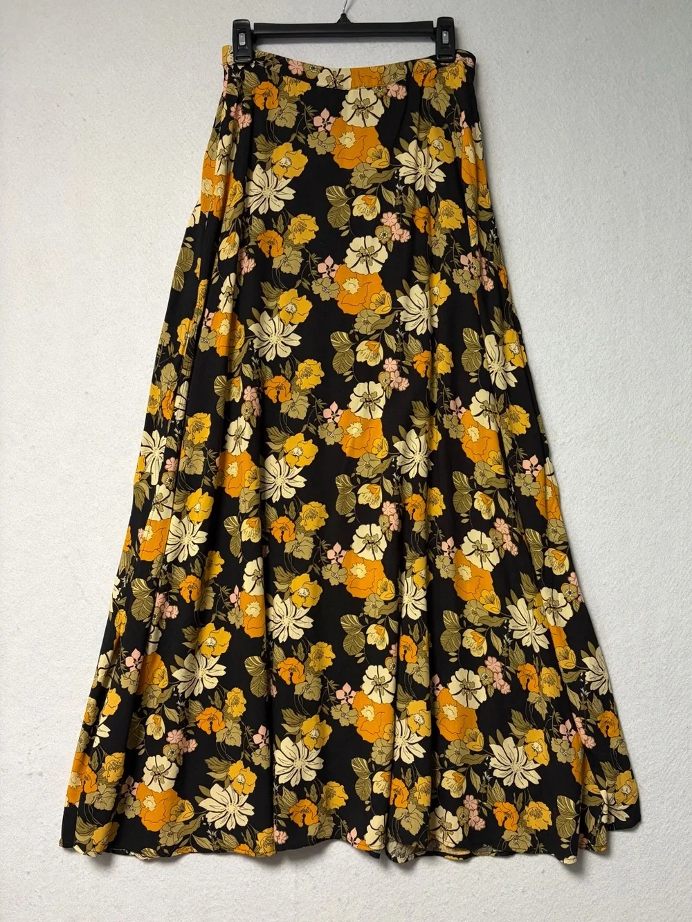 Natural Life Ginger SideSlit Maxi Skirt Black Marigold Floral Boho Cottagecore S